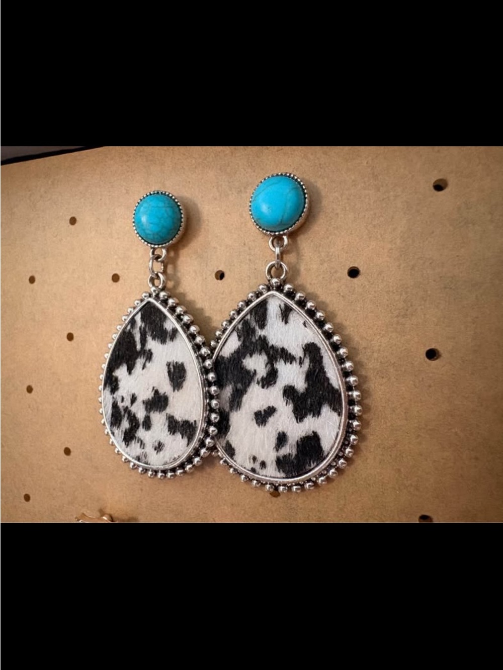 Turquoise & Black White Cowhide Teardrop Earrings